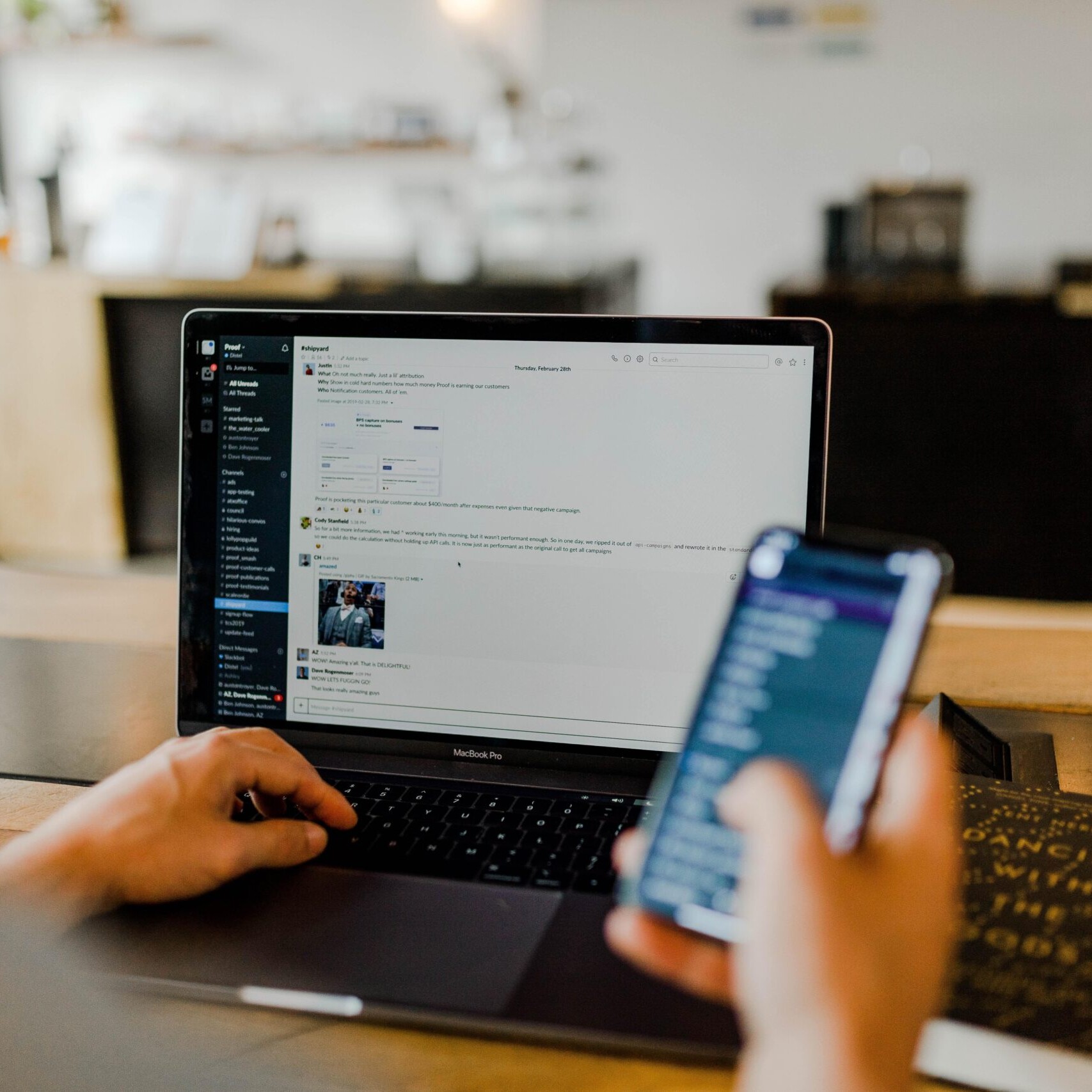 working on slack while playing with phone