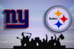 fans cheering at a football field and the two logos for the NY Giants and the Steelers