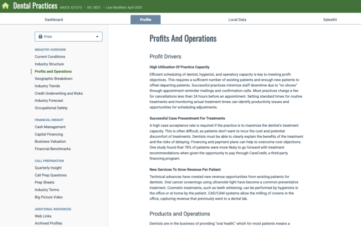 Screenshot of Profit and Operations in Vertical IQ